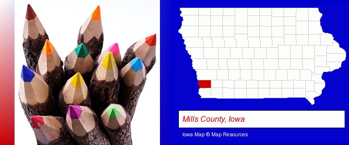 colored pencils; Mills County, Iowa highlighted in red on a map