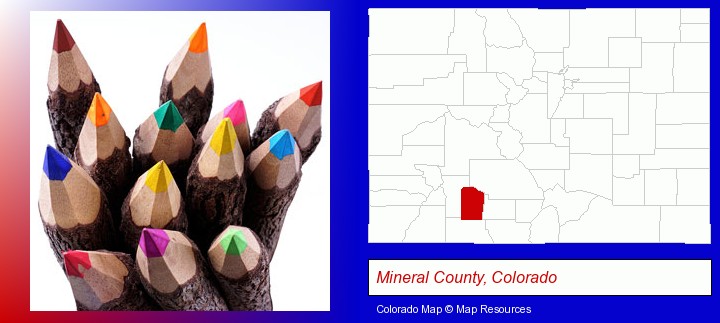 colored pencils; Mineral County, Colorado highlighted in red on a map