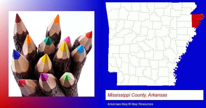 colored pencils; Mississippi County, Arkansas highlighted in red on a map