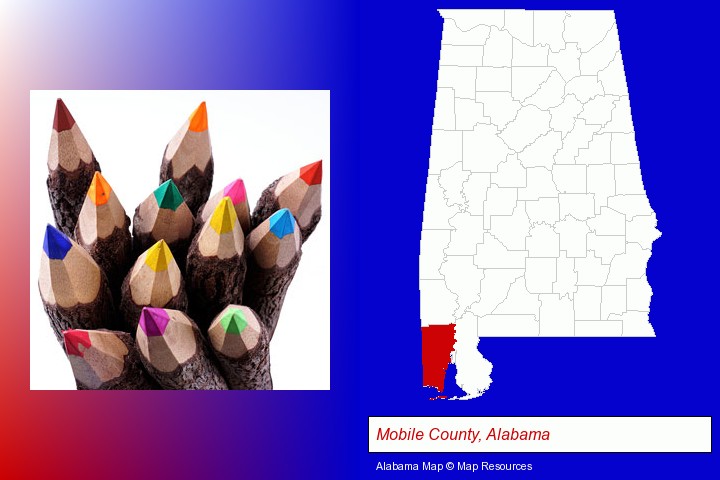 colored pencils; Mobile County, Alabama highlighted in red on a map