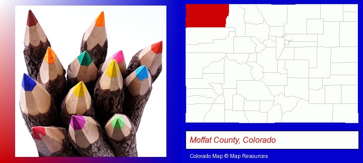 colored pencils; Moffat County, Colorado highlighted in red on a map