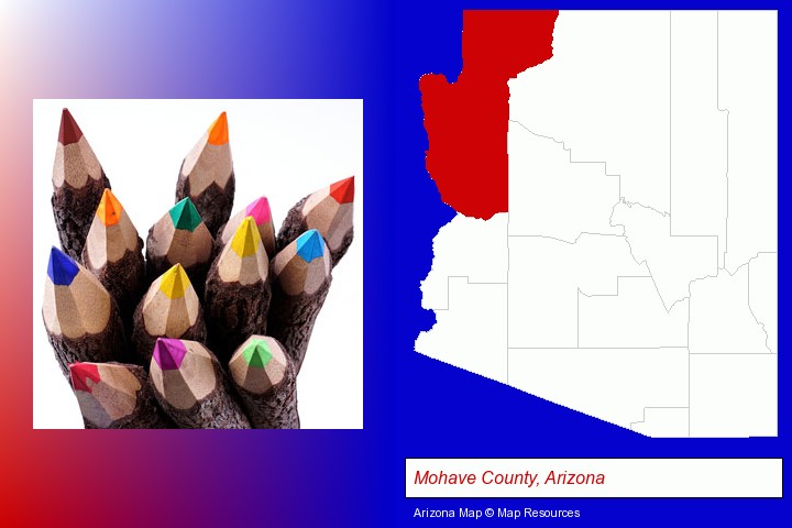 colored pencils; Mohave County, Arizona highlighted in red on a map