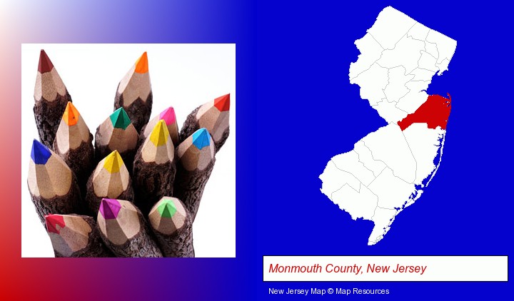 colored pencils; Monmouth County, New Jersey highlighted in red on a map