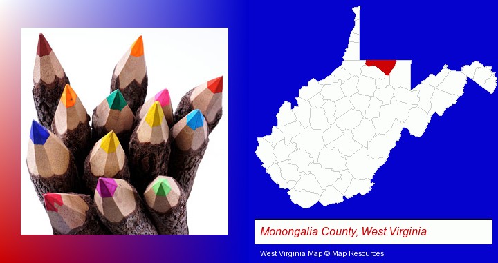 colored pencils; Monongalia County, West Virginia highlighted in red on a map