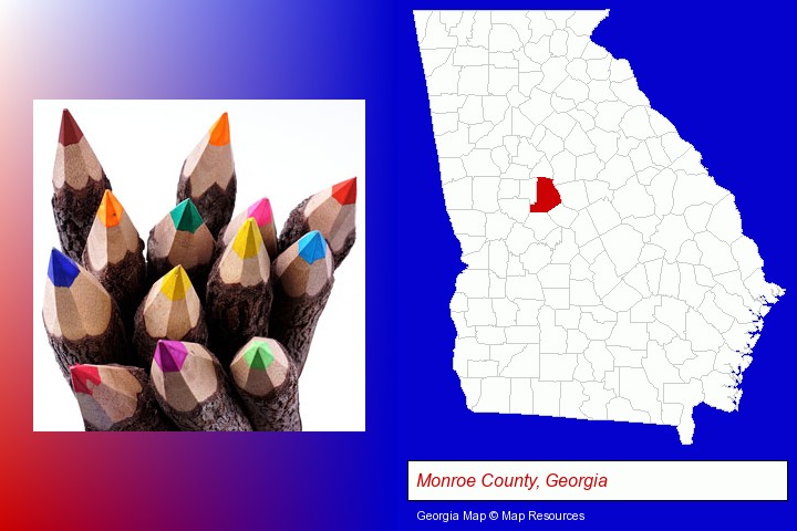colored pencils; Monroe County, Georgia highlighted in red on a map