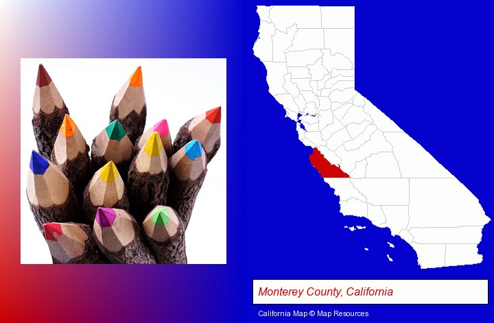 colored pencils; Monterey County, California highlighted in red on a map