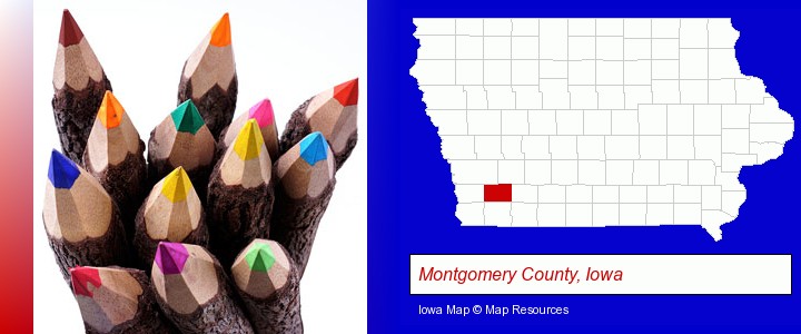 colored pencils; Montgomery County, Iowa highlighted in red on a map