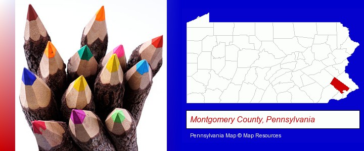 colored pencils; Montgomery County, Pennsylvania highlighted in red on a map
