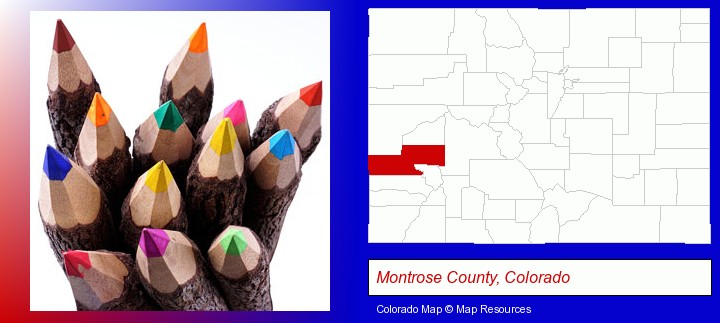 colored pencils; Montrose County, Colorado highlighted in red on a map