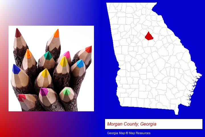 colored pencils; Morgan County, Georgia highlighted in red on a map