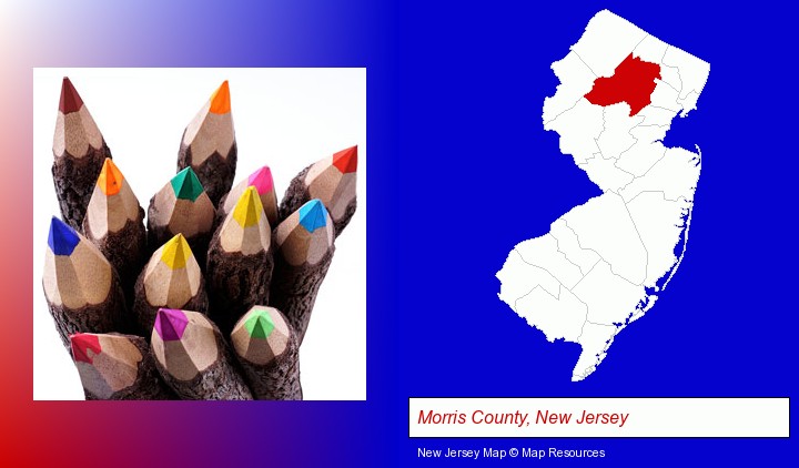 colored pencils; Morris County, New Jersey highlighted in red on a map