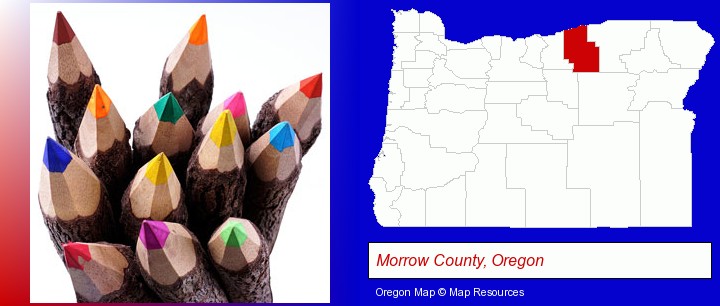 colored pencils; Morrow County, Oregon highlighted in red on a map
