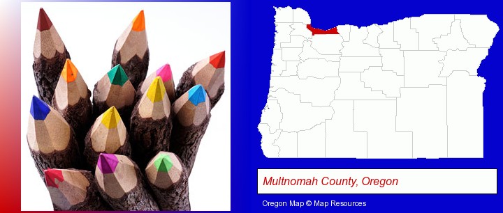 colored pencils; Multnomah County, Oregon highlighted in red on a map