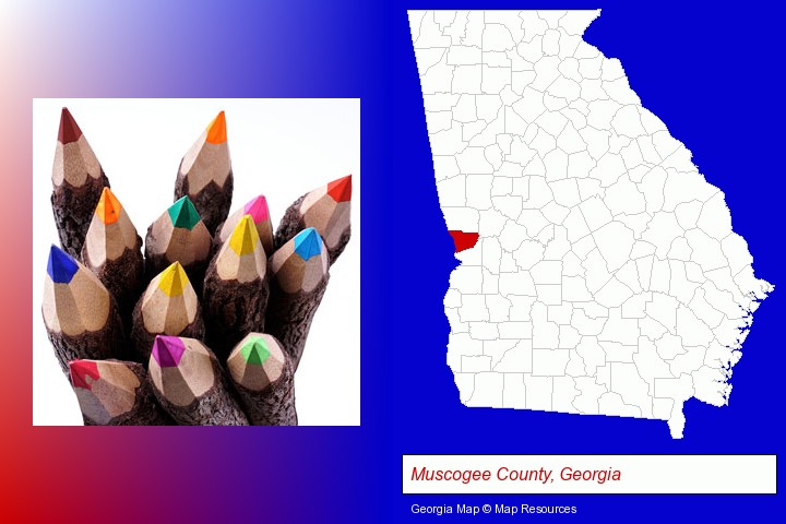 colored pencils; Muscogee County, Georgia highlighted in red on a map