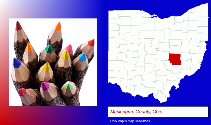 colored pencils; Muskingum County, Ohio highlighted in red on a map