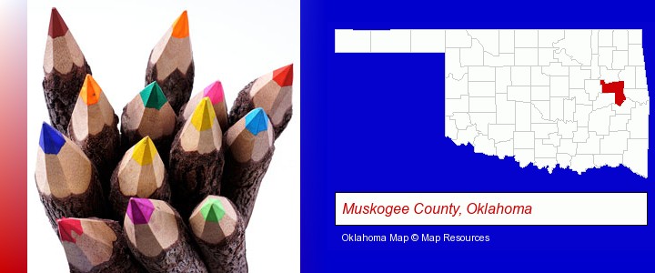 colored pencils; Muskogee County, Oklahoma highlighted in red on a map