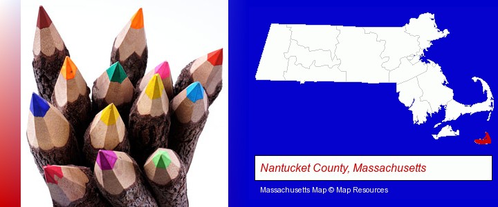 colored pencils; Nantucket County, Massachusetts highlighted in red on a map