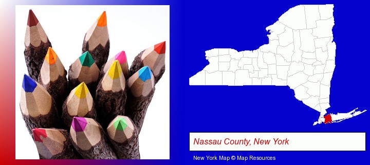 colored pencils; Nassau County, New York highlighted in red on a map