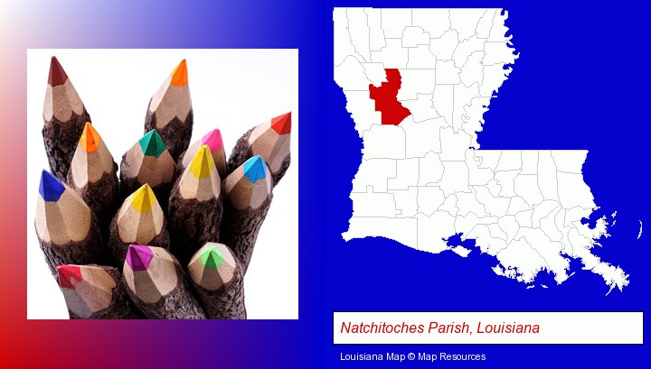 colored pencils; Natchitoches Parish, Louisiana highlighted in red on a map