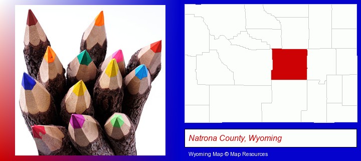 colored pencils; Natrona County, Wyoming highlighted in red on a map