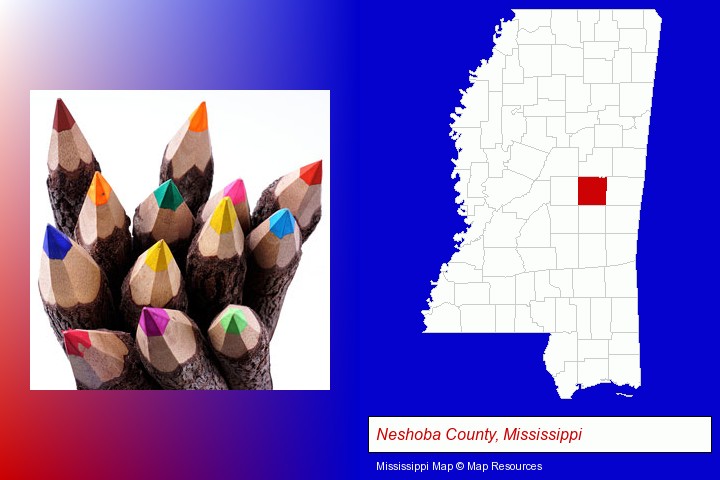 colored pencils; Neshoba County, Mississippi highlighted in red on a map