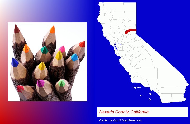 colored pencils; Nevada County, California highlighted in red on a map