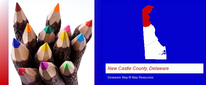 colored pencils; New Castle County, Delaware highlighted in red on a map