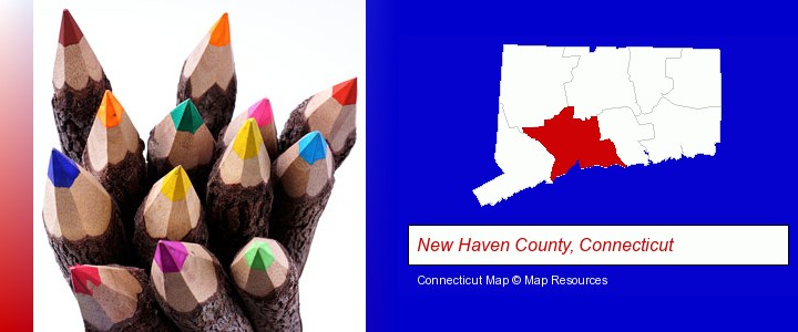 colored pencils; New Haven County, Connecticut highlighted in red on a map