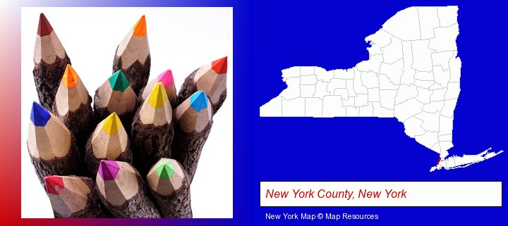 colored pencils; New York County, New York highlighted in red on a map