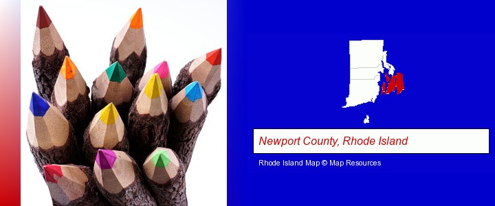 colored pencils; Newport County, Rhode Island highlighted in red on a map