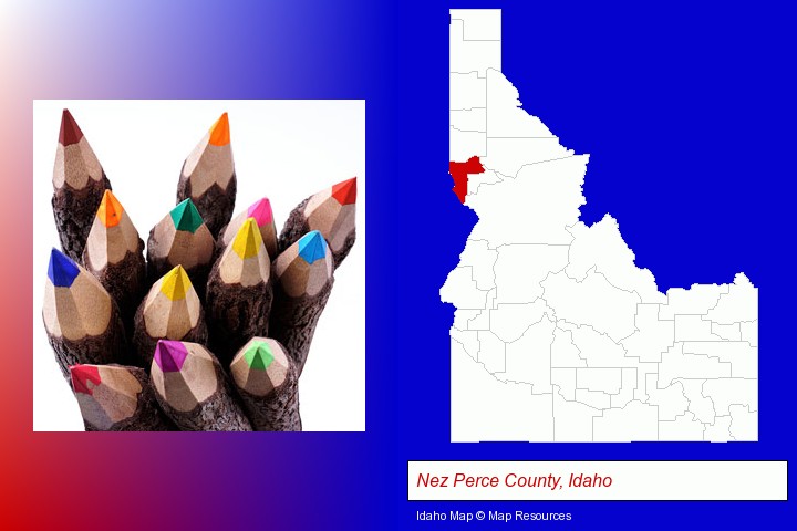 colored pencils; Nez Perce County, Idaho highlighted in red on a map