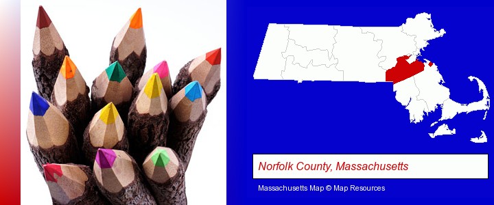 colored pencils; Norfolk County, Massachusetts highlighted in red on a map