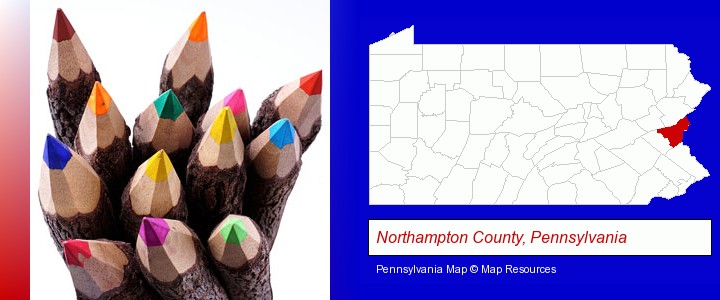 colored pencils; Northampton County, Pennsylvania highlighted in red on a map