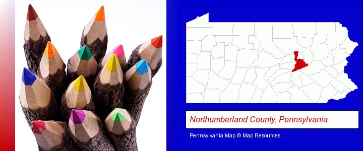 colored pencils; Northumberland County, Pennsylvania highlighted in red on a map