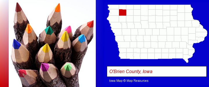 colored pencils; O'Brien County, Iowa highlighted in red on a map
