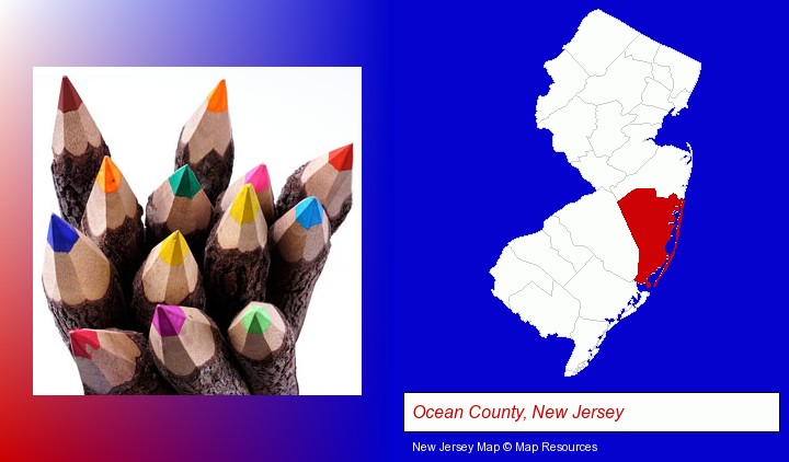 colored pencils; Ocean County, New Jersey highlighted in red on a map