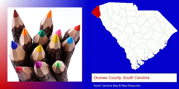 colored pencils; Oconee County, South Carolina highlighted in red on a map