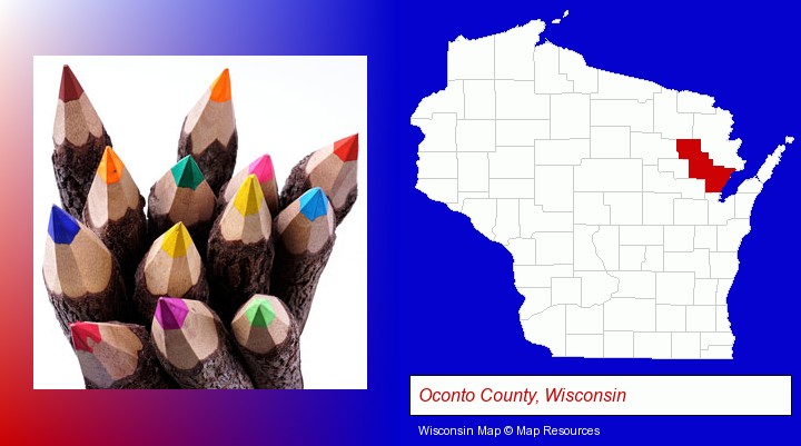colored pencils; Oconto County, Wisconsin highlighted in red on a map