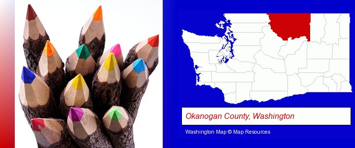 colored pencils; Okanogan County, Washington highlighted in red on a map