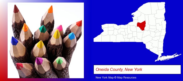 colored pencils; Oneida County, New York highlighted in red on a map