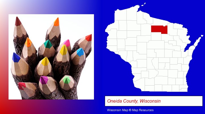 colored pencils; Oneida County, Wisconsin highlighted in red on a map