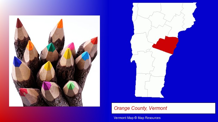 colored pencils; Orange County, Vermont highlighted in red on a map