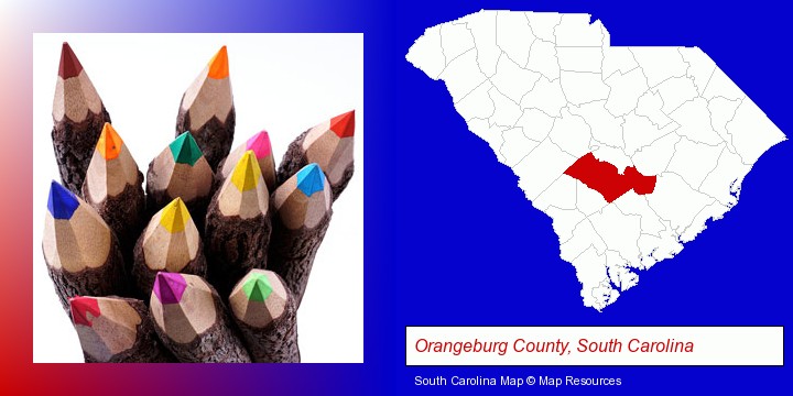 colored pencils; Orangeburg County, South Carolina highlighted in red on a map
