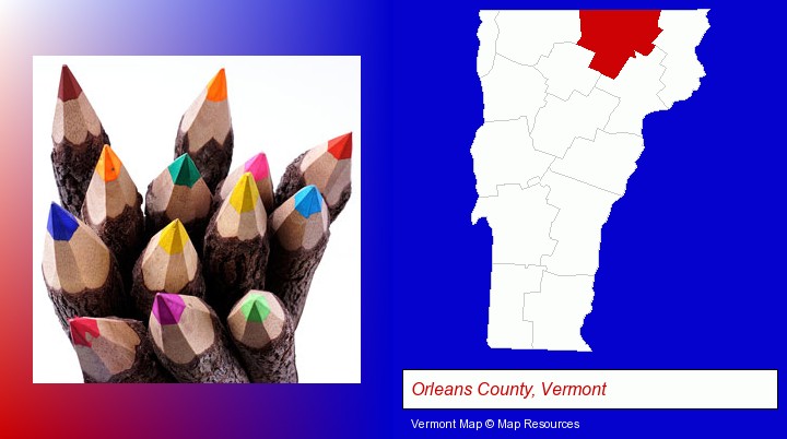 colored pencils; Orleans County, Vermont highlighted in red on a map