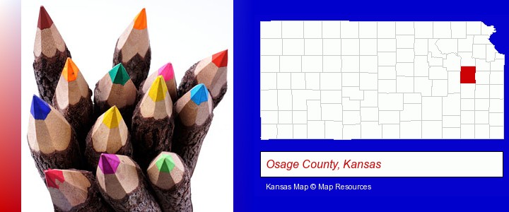 colored pencils; Osage County, Kansas highlighted in red on a map