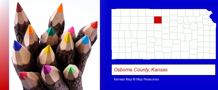 colored pencils; Osborne County, Kansas highlighted in red on a map