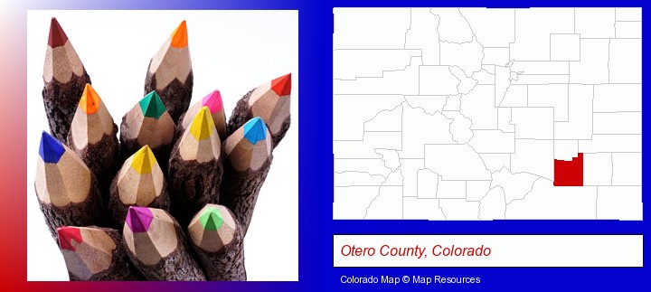 colored pencils; Otero County, Colorado highlighted in red on a map