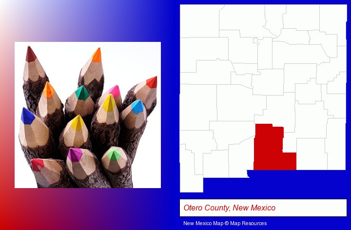 colored pencils; Otero County, New Mexico highlighted in red on a map