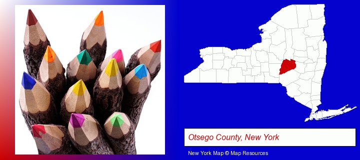colored pencils; Otsego County, New York highlighted in red on a map