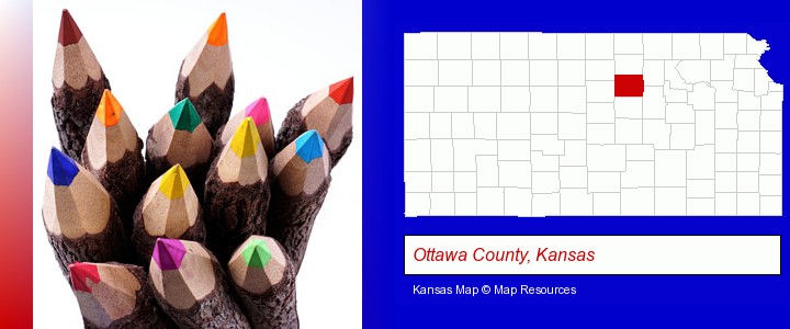 colored pencils; Ottawa County, Kansas highlighted in red on a map